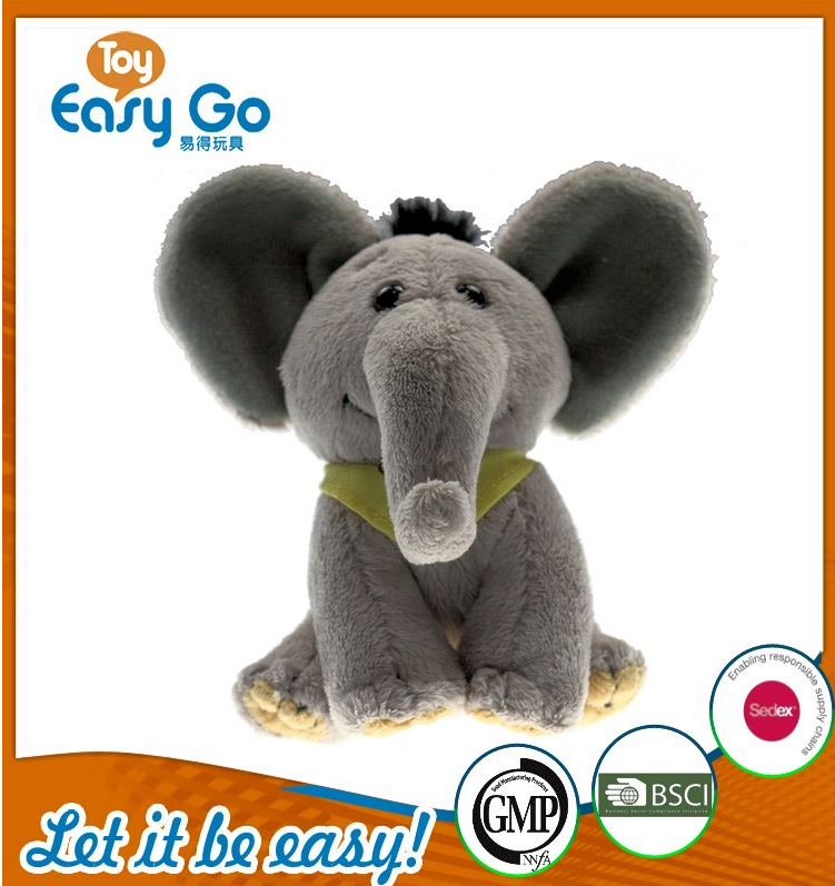 BSCI stuffed grey sitting elephant with yellow bib 